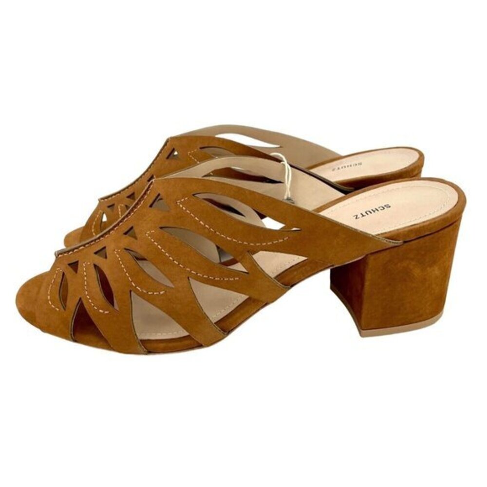Schutz Brown Suede Leather Open Toe Slip On Sandals Mules Laser Cut SZ 41 EU NIB